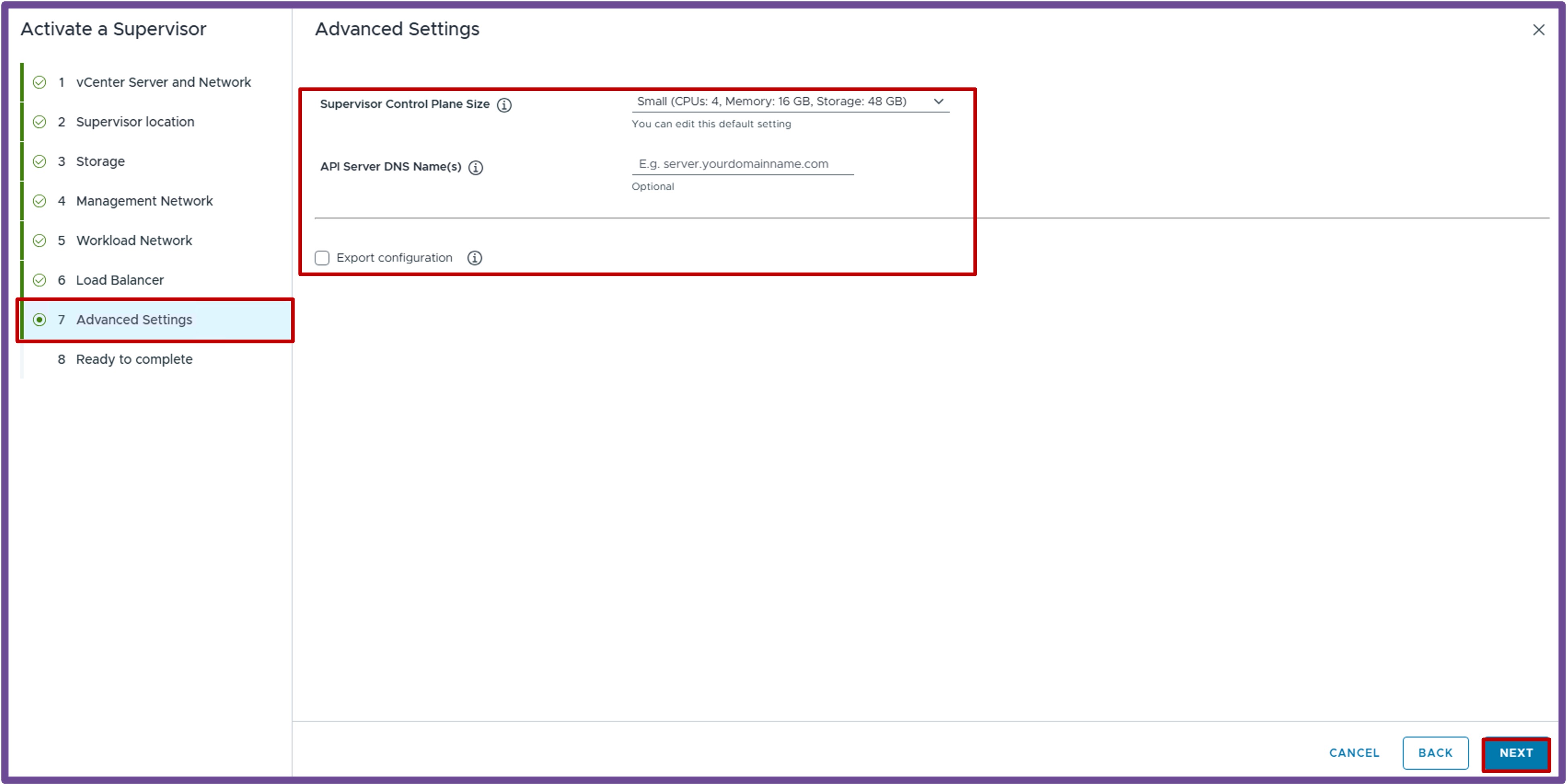 Advanced Settings and Sizing