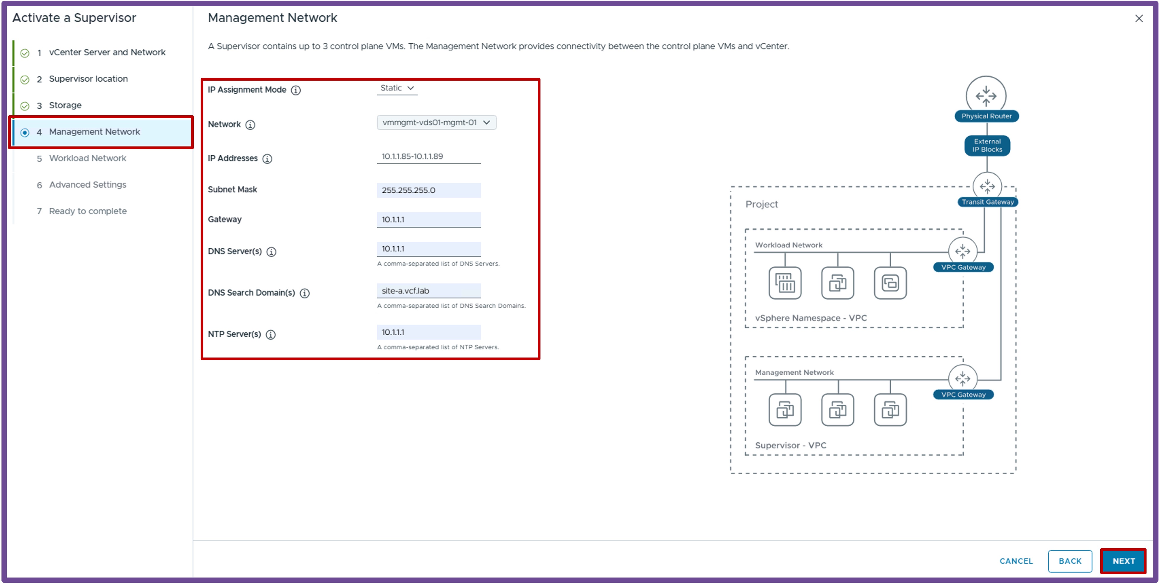 Management Network IP Settings
