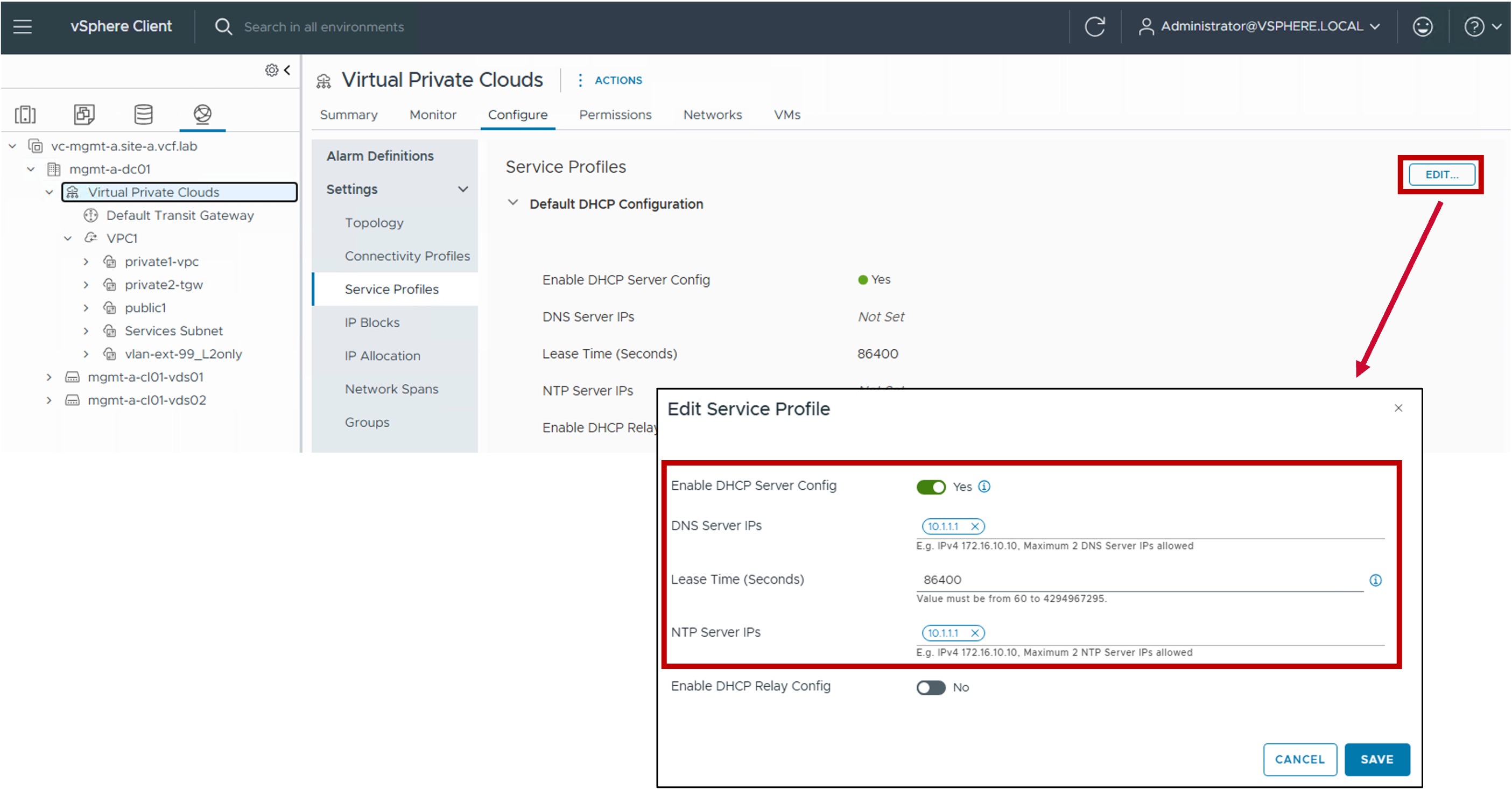 vCenter Edit Gloabl DHCP Server