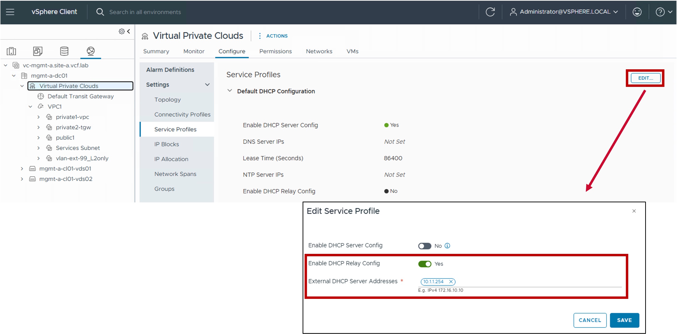 vCenter Edit Gloabl DHCP Server