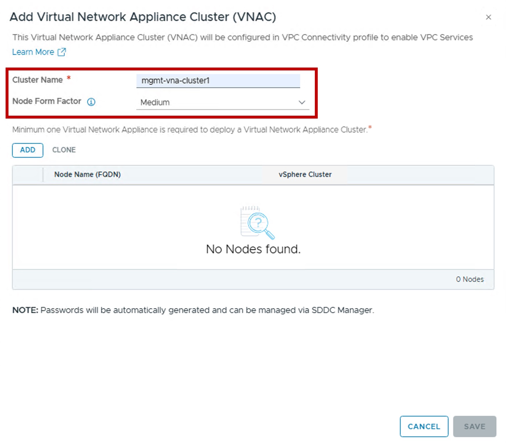 vCenter VNA Cluster config
