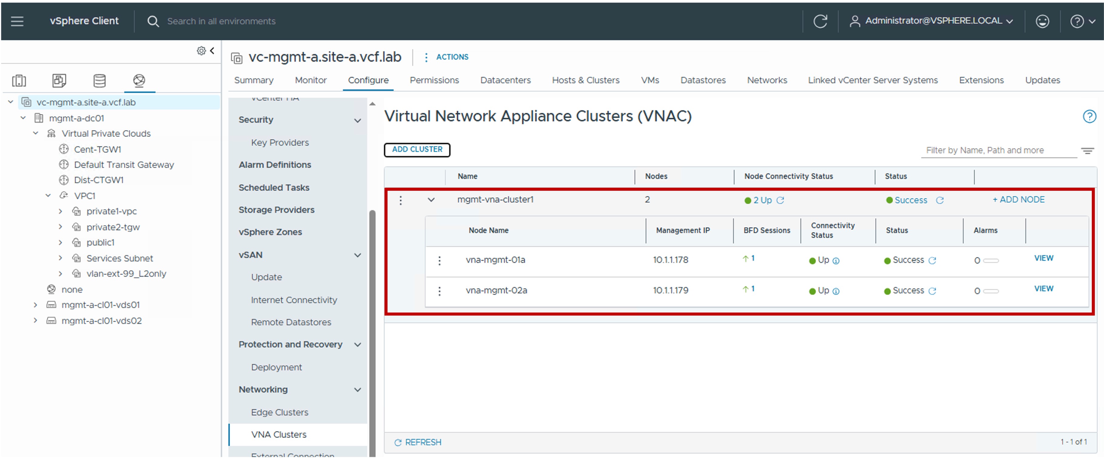 vCenter VNA Status